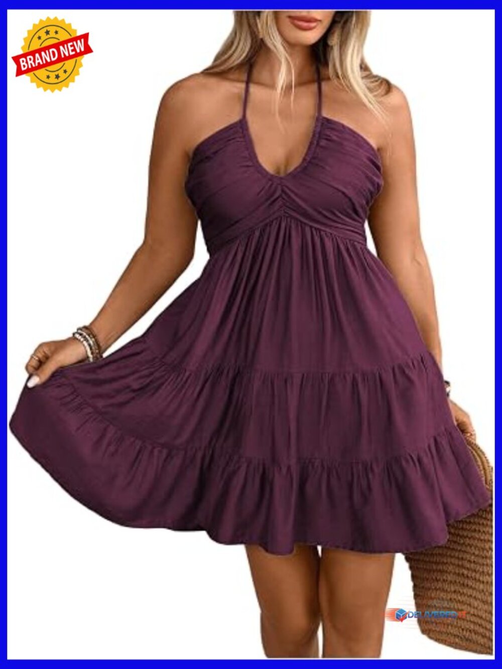 Plus Size Sleeveless Tiered Halter Dress with Ruched Tie Back A-Line Sundress